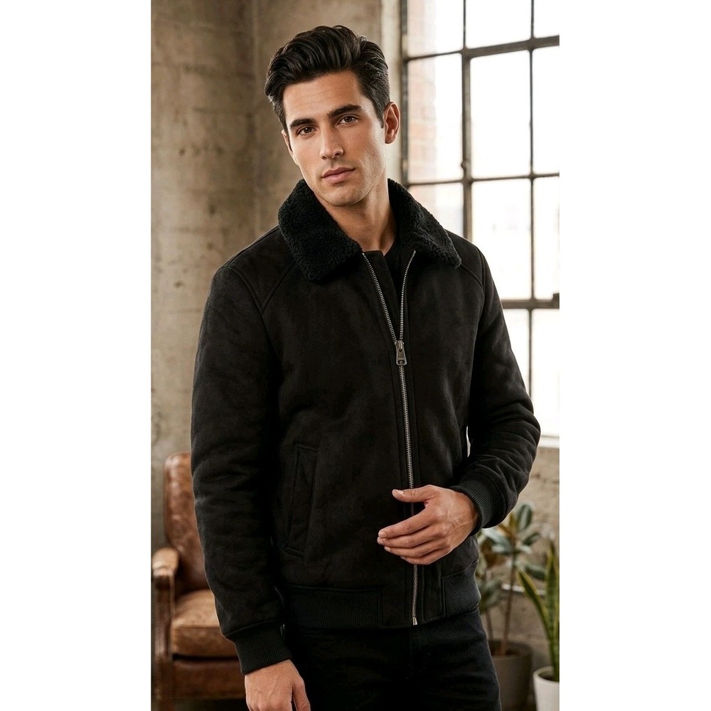 GUESS Black Suede Jacket Sherpa Lined Size Large Men's Bomber Jacket